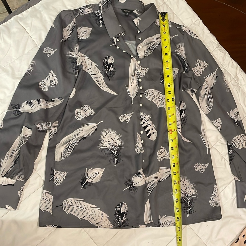 Floryday Button Blouse - Gray Feathered Pattern -… - image 1